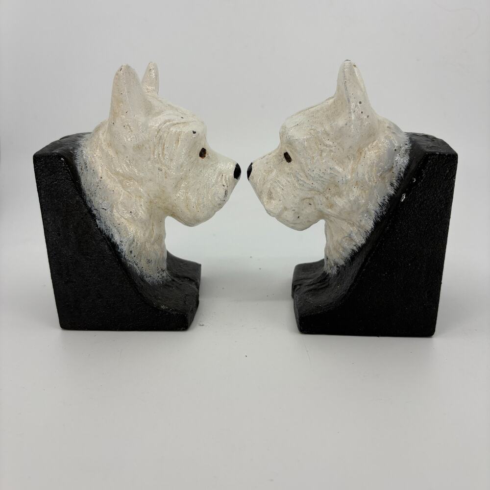 Vintage Cast Iron Scottie Dog Bookends Pair White Terrier White - Picture 7 of 10